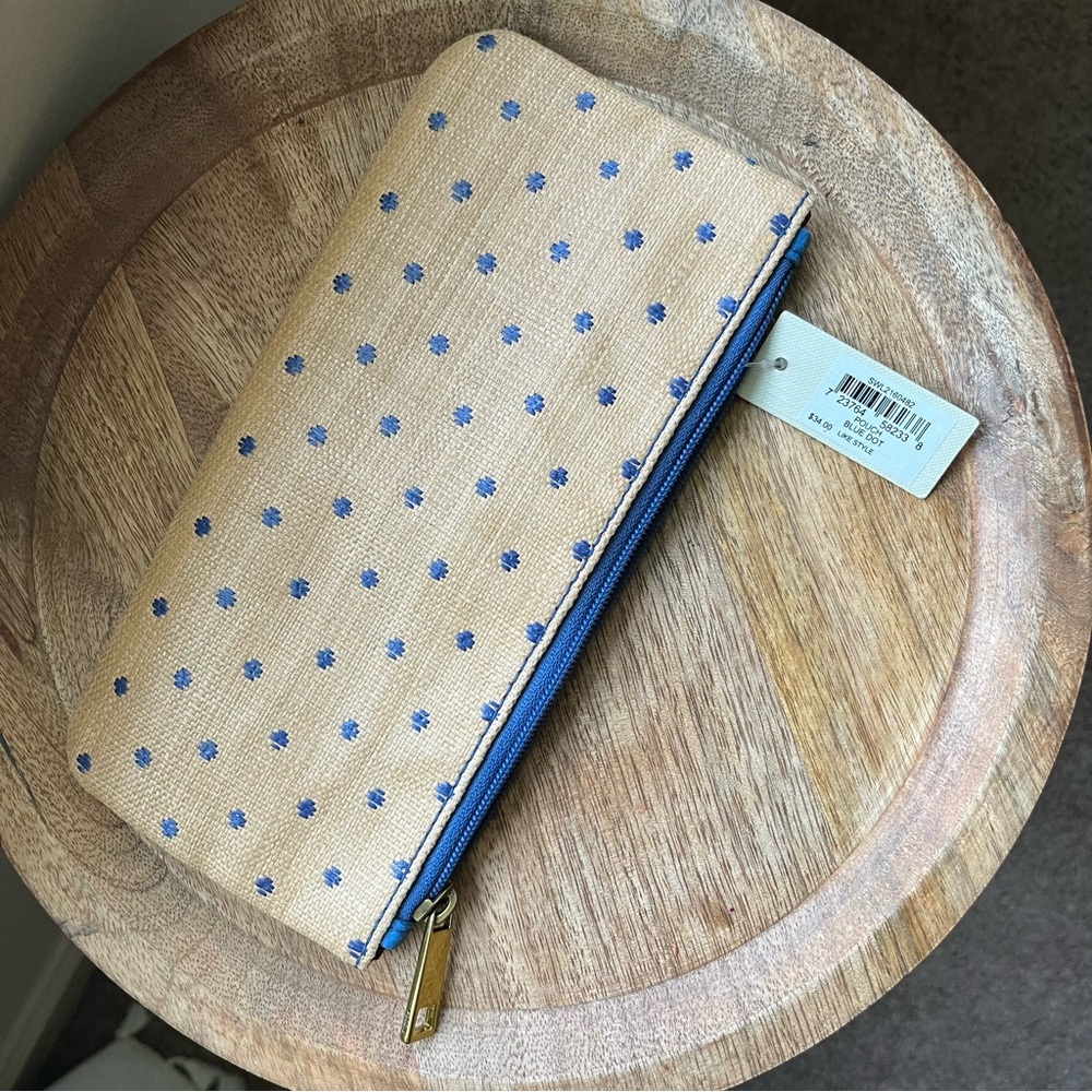 💙 Fossil Felicity Blue Dot Jori Zip Clutch Wallet & Pouch - Tan & Brown & Blue - Picture 6 of 15